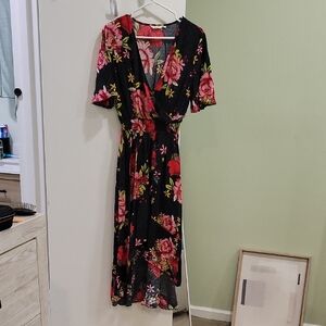 Kori Black and Pink Floral Midi Dress